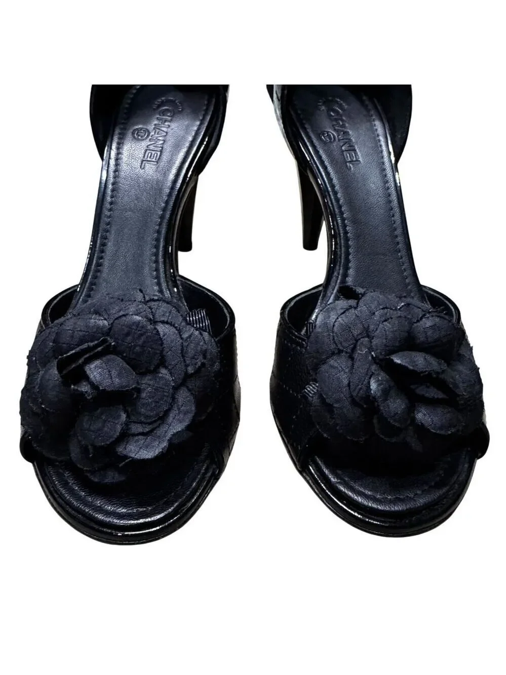 Chanel Black Quilted D'Orsay Peep Toe Flower Pumps EU 37.5 MSRP $1,195